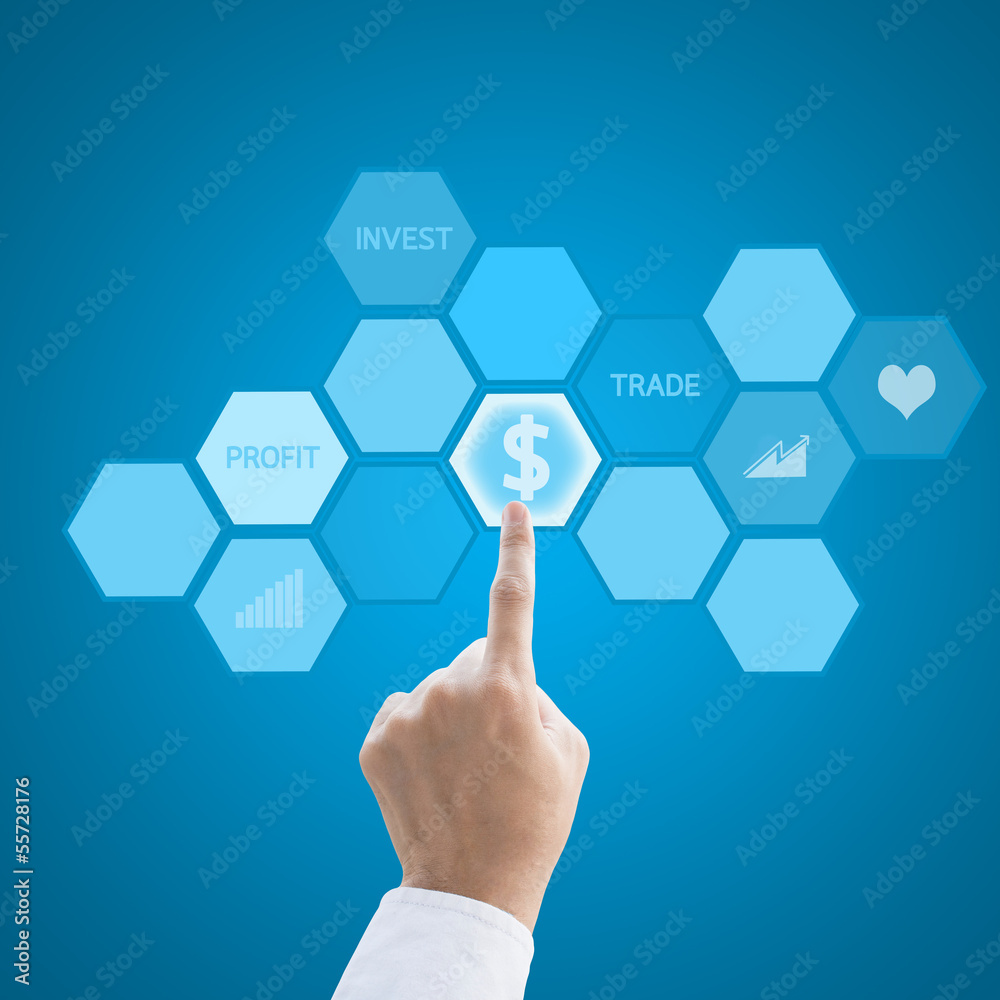 Business hand working with modern computer interface as stock bu Business hand working with modern computer interface as stock bu
