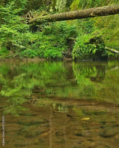 The end of summer at mountain river lines with sandstone rocks