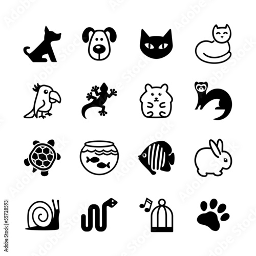 Set of 16 web icons. Pet shop, types of pets.