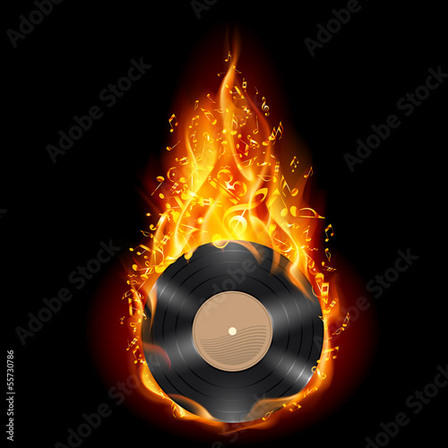 Vinyl disc in flames of fire.