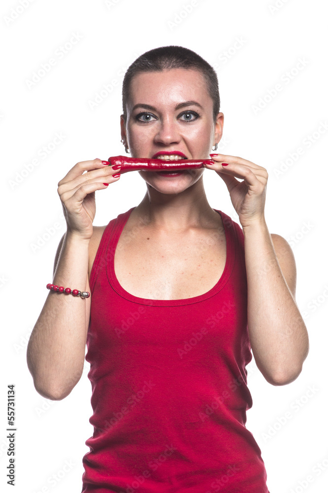 Woman with chili pepper on white background Woman with chili pepper on white background