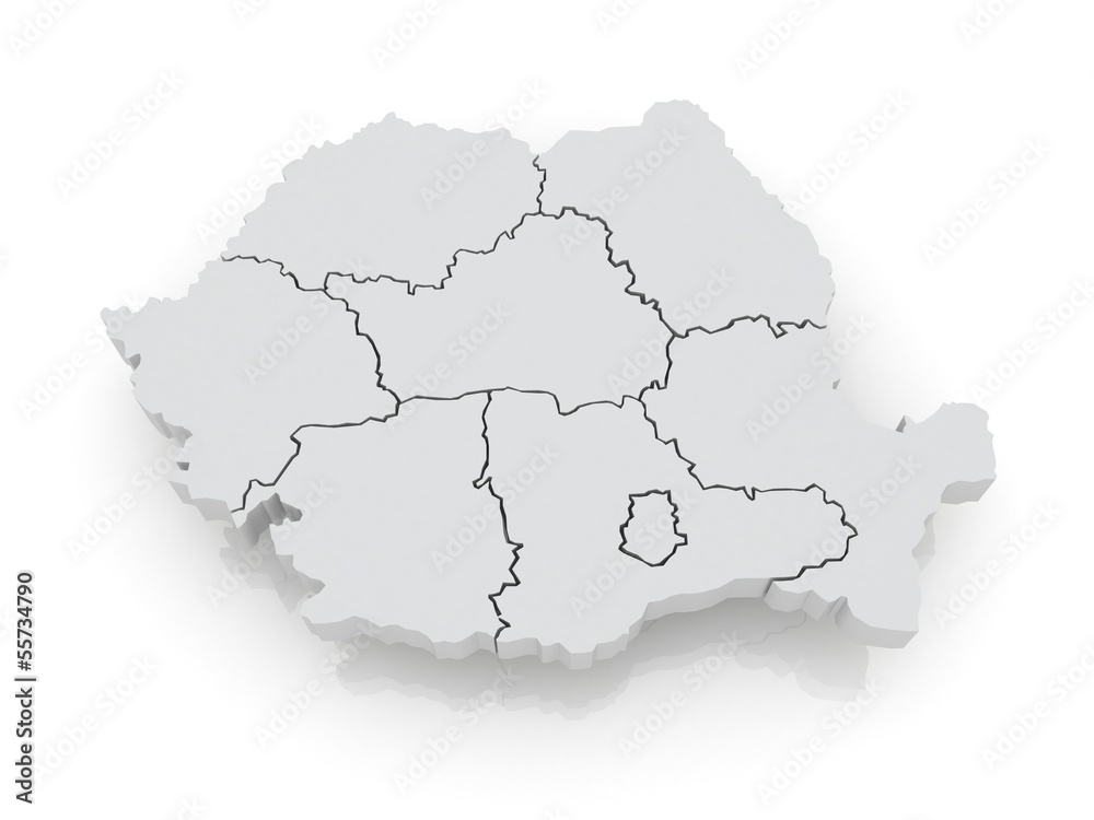 Three-dimensional map of Romania.