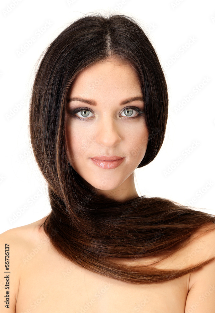 Portrait of beautiful woman with long hair, isolated on white Portrait of beautiful woman with long hair, isolated on white