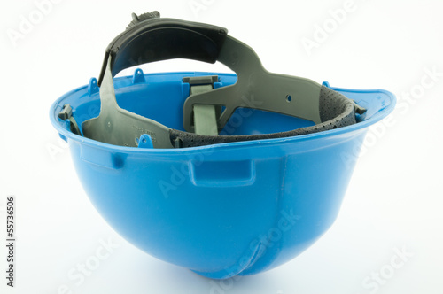 A blue safety helmet upside down