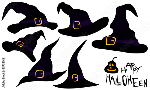 zestaw kilku fioletowych kapeluszów czarownic, na halloween.