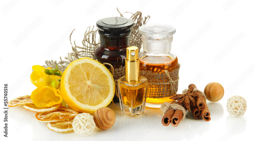 Bottles with ingredients for the perfume, isolated on white Bottles with ingredients for the perfume, isolated on white