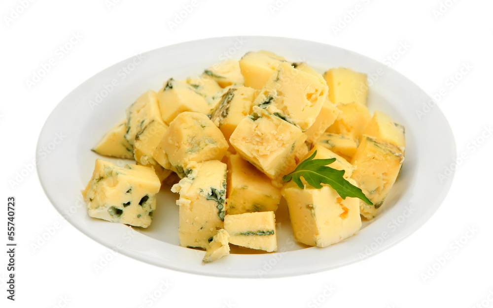 Tasty blue cheese on plate, isolated on white Tasty blue cheese on plate, isolated on white