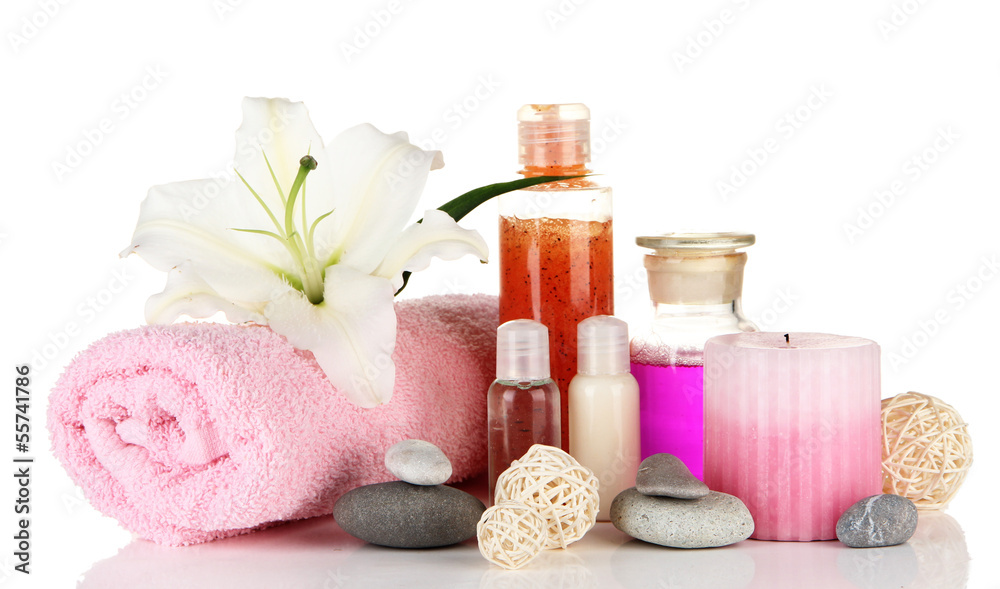 Beautiful spa setting with lily isolated on white Beautiful spa setting with lily isolated on white