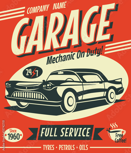 Retro car service sign. Vector illustration.