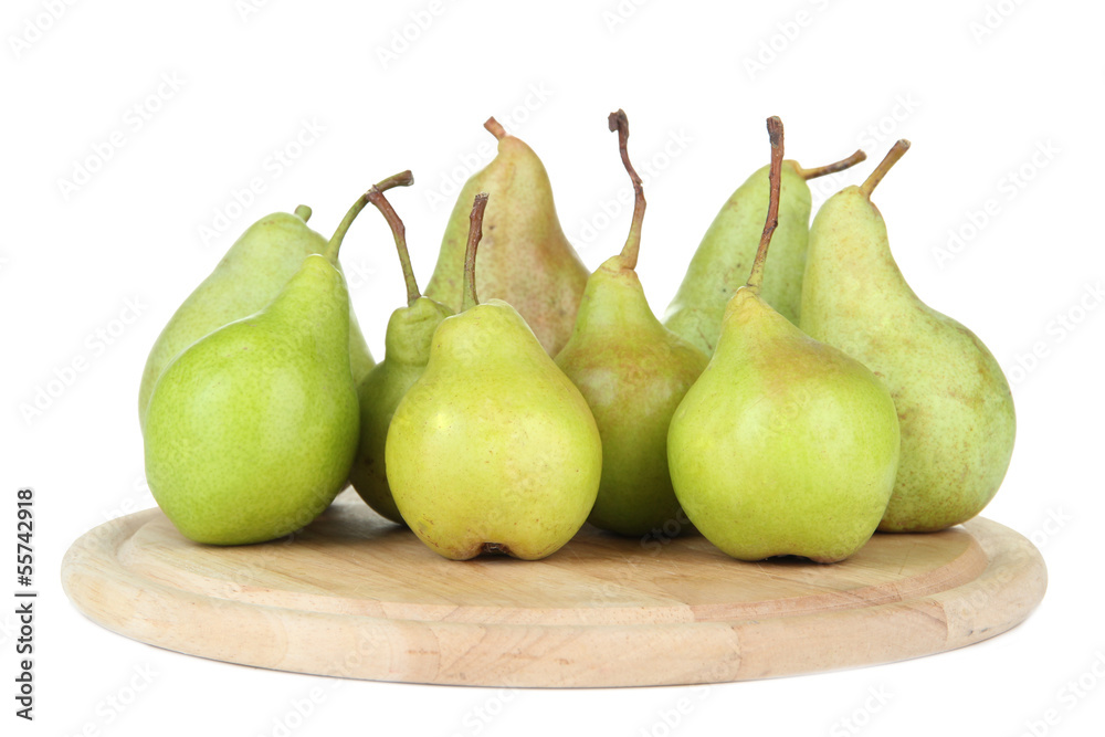 Pears on wooden cutting board, isolated on white Pears on wooden cutting board, isolated on white