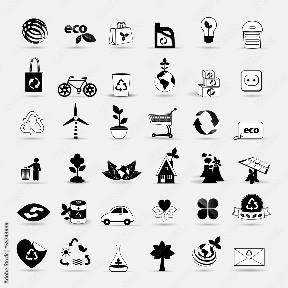 Ecology Icons Set - Isolated On Gray Background Ecology Icons Set - Isolated On Gray Background