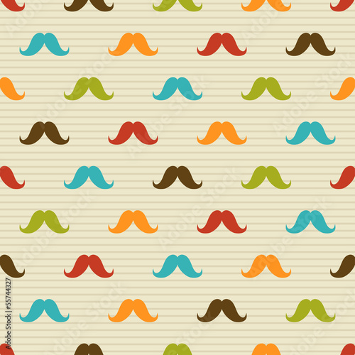 Seamless pattern of colored mustache on striped background