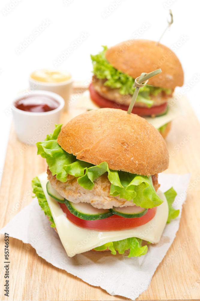 homemade chicken burger with vegetables, cheese homemade chicken burger with vegetables, cheese