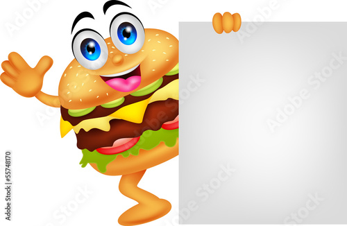burger cartoon characters with blank sign