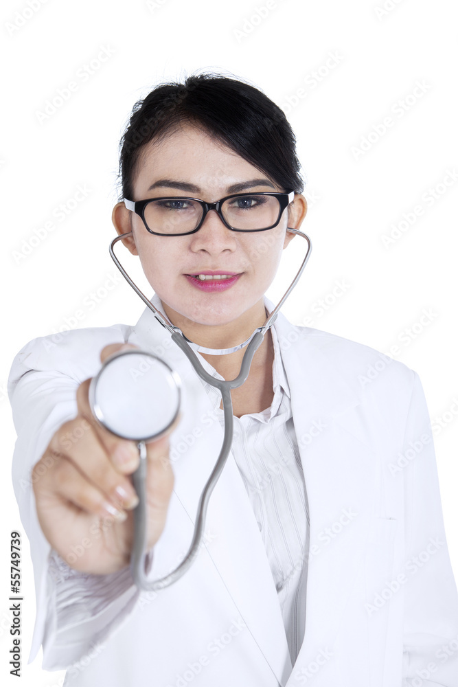Beautiful doctor with stethoscope on white Beautiful doctor with stethoscope on white