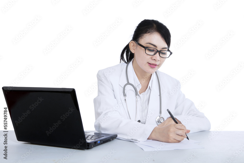 Beautiful doctor write prescription - isolated Beautiful doctor write prescription - isolated