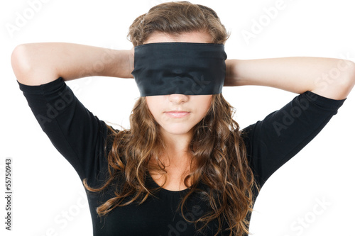 young female tie her eyes