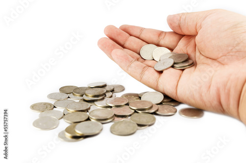 Coin in hand with isolated white background