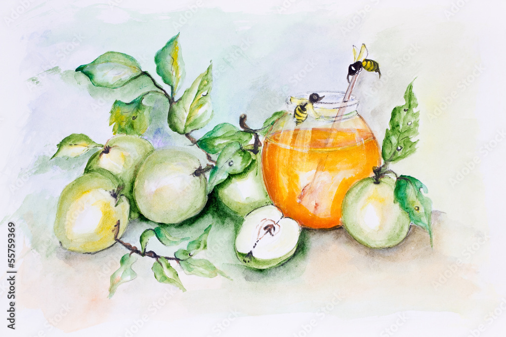 Fototapeta premium Honey bees and apples