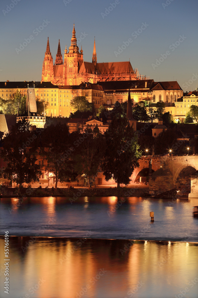 Night Prague gothic Castle above River Vltava, Czech Republic