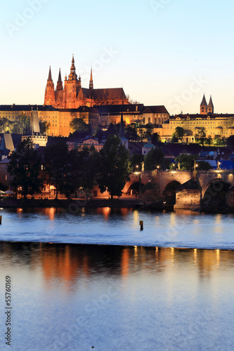 Prague gothic Castle above River Vltava after sunset