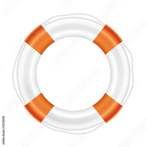 White lifebuoy with orange stripes and rope.