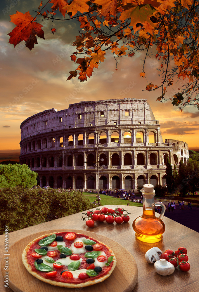 Fototapeta premium Colosseum with Italian pizza in Rome, Italy