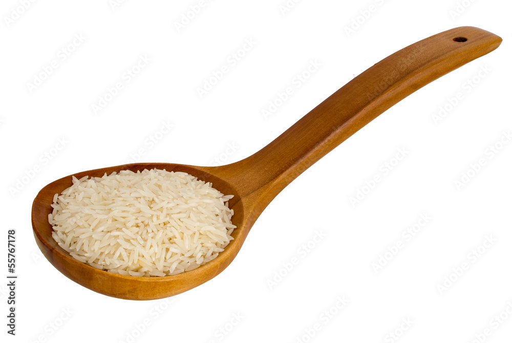 Basmati rice in wooden spoon, isolated over white background Basmati rice in wooden spoon, isolated over white background