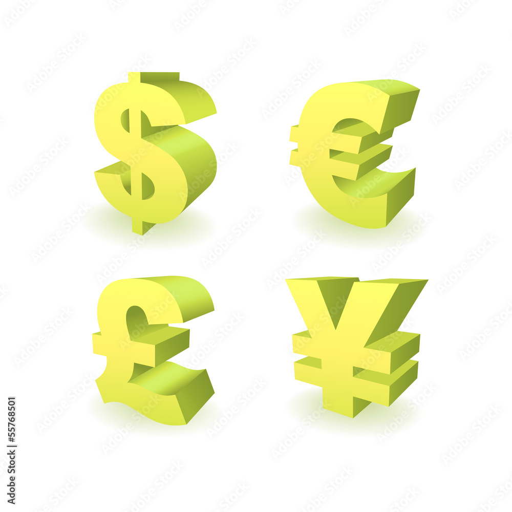 3D Currencies symbols, Dollar, Pound, Euro and Yen illustration 3D Currencies symbols, Dollar, Pound, Euro and Yen illustration