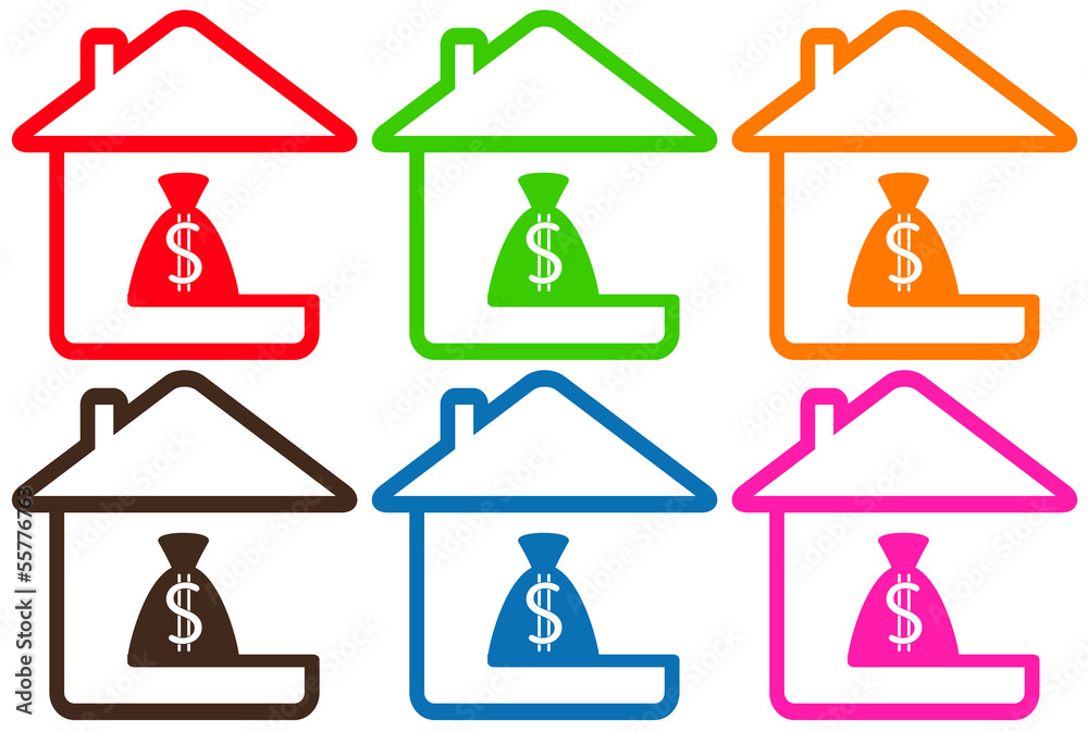 set colorful houses with money bag silhouette set colorful houses with money bag silhouette