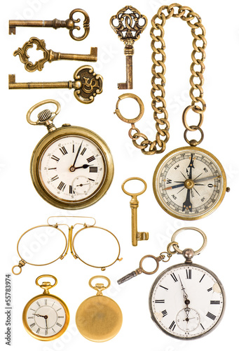 golden vintage accessories. antique keys, clock, glasses, compas