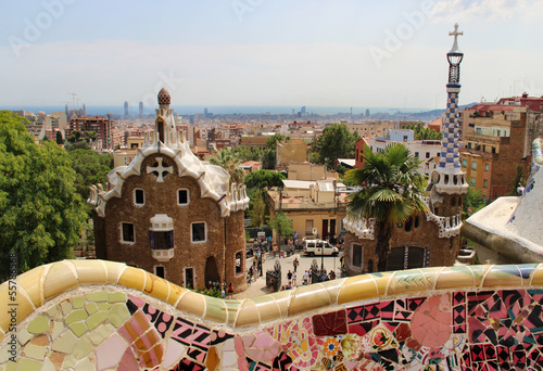 Park Guell in Barcelona, Spain with Gaudi houses