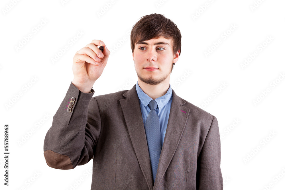 Young businessman with pen on the blackboard Young businessman with pen on the blackboard