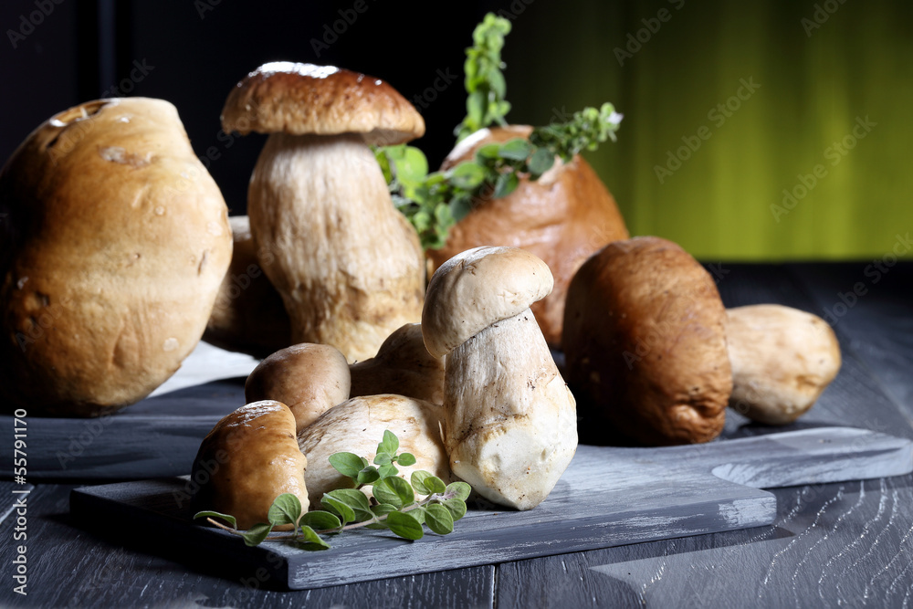 funghi freschi boletus su tavolo grigio sfondo verde funghi freschi boletus su tavolo grigio sfondo verde
