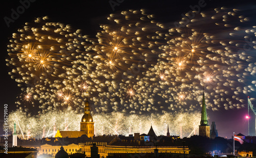 Fireworks over old town of Riga, Lavia photo