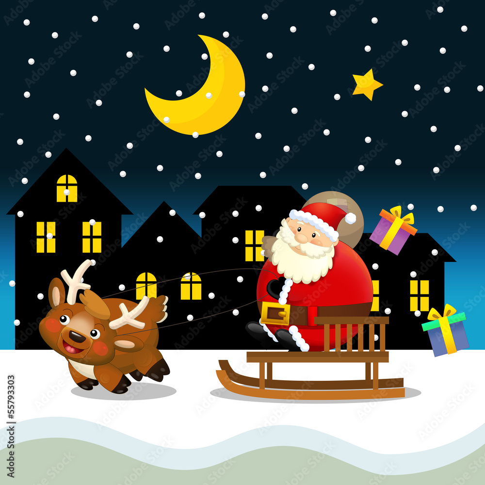 Fototapeta premium The santa claus flying - illustration for the children