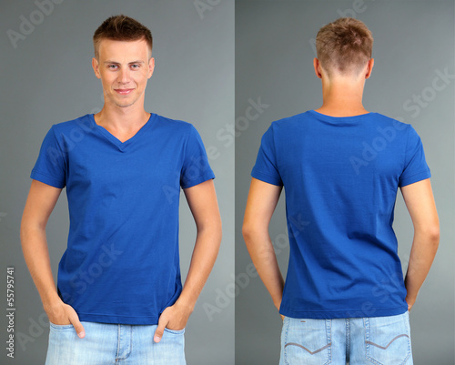T-shirt on young man in front and behind on grey background
