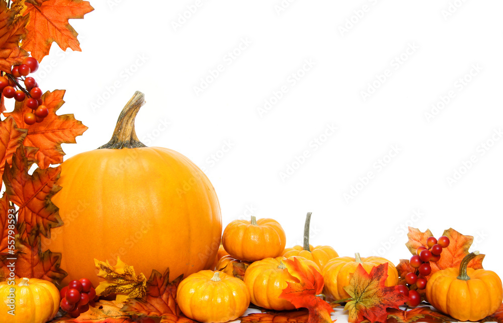 Obraz premium Autumn corner border or frame with leaves and pumpkins