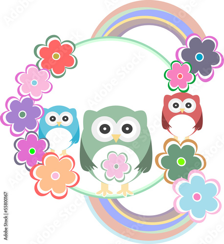 Fototapeta Naklejka Na Ścianę i Meble -  birthday party card with cute birds, owl family and flowers
