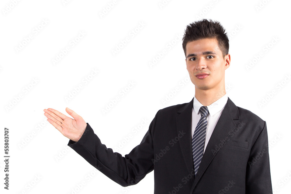 Business man presenting over a white background Business man presenting over a white background