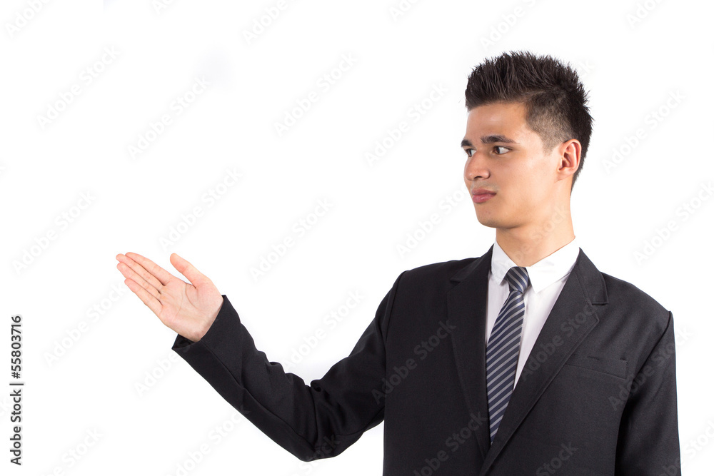 Business man presenting over a white background Business man presenting over a white background