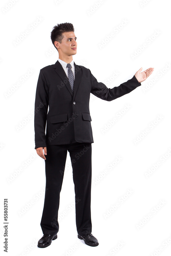Business man presenting over a white background Business man presenting over a white background