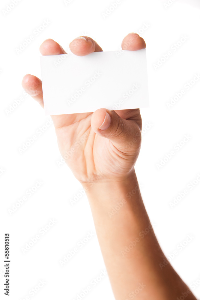 Business card in man's hand on white background Business card in man's hand on white background