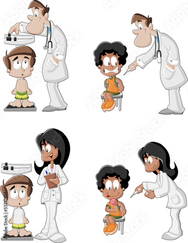 doctors checking boy's weight and giving an injection