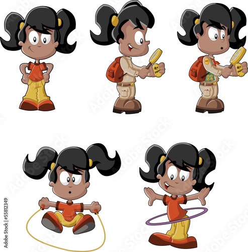 Cartoon black girl skipping rope and with hula hoop