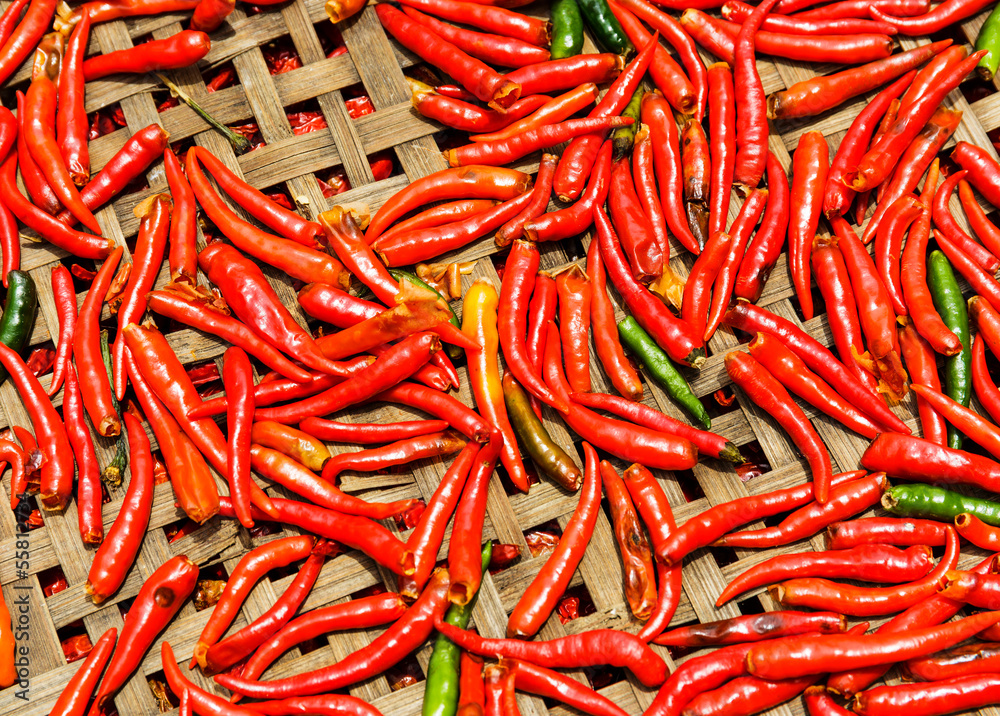 Red Chili peppers on basket Red Chili peppers on basket