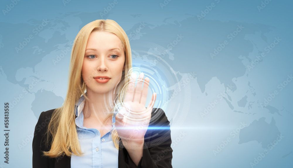 businesswoman touching virtual screen businesswoman touching virtual screen