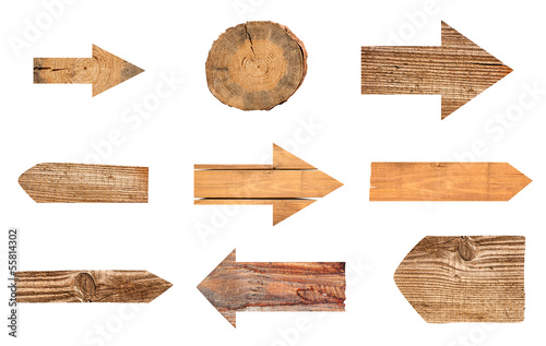 collection of various empty wooden sign on white background