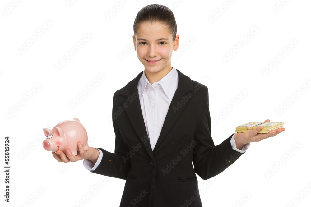 Little girl with piggy bank and money. Cheerful little girl in f Little girl with piggy bank and money. Cheerful little girl in f