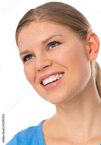Healthy denture girl smiling with perfect white teeth, isolated